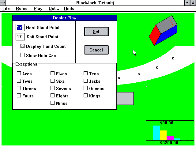 BlackJack (Windows 3.x) screenshot: The "Dealer Play" settings