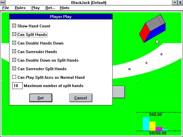 BlackJack (Windows 3.x) screenshot: The "Player Play" settings