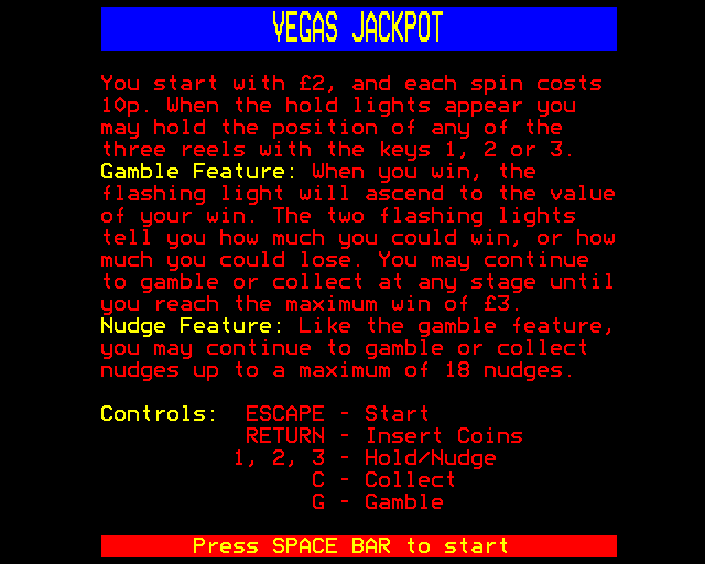 Vegas Jackpot (BBC Micro) screenshot: Instructions