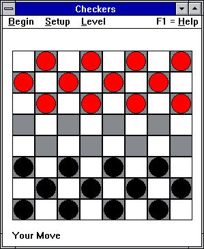 Checkers (Windows 16-bit) screenshot: Beginning of the game (resized window)