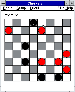 Checkers (Windows 3.x) screenshot: A game in progress. The computer (red) is moving one of its pieces.
