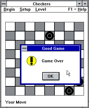 Checkers (Windows 3.x) screenshot: The game is finished. Unfortunately the final message ("Game Over") is the same, regardless of who wins.