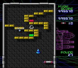 Arkanoid: Doh It Again (SNES) screenshot: A difficult maneuver to get those last two blocks
