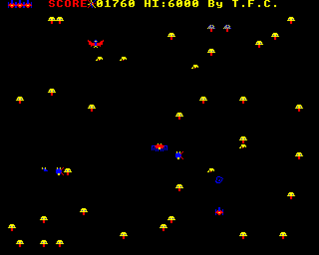 Spectipede (BBC Micro) screenshot: Spiders and Bats