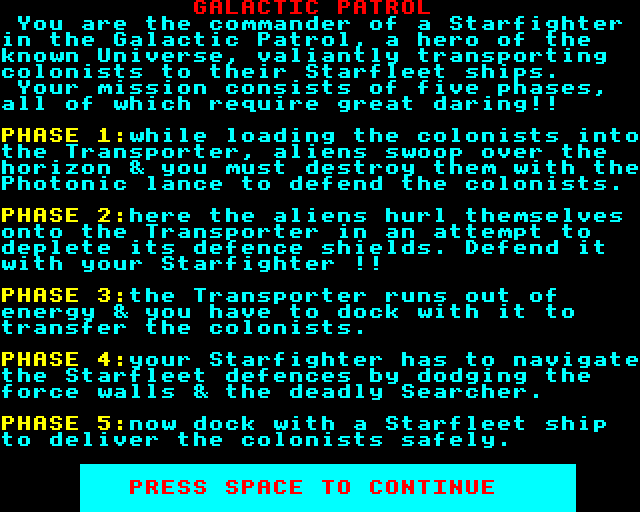 Galactic Patrol (BBC Micro) screenshot: Instructions