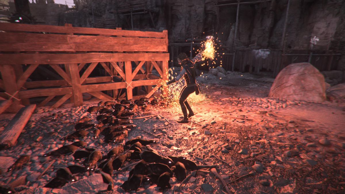 A Plague Tale: Requiem (PlayStation 5) screenshot: Fire whip keeps rats at bay, but it wears out fast