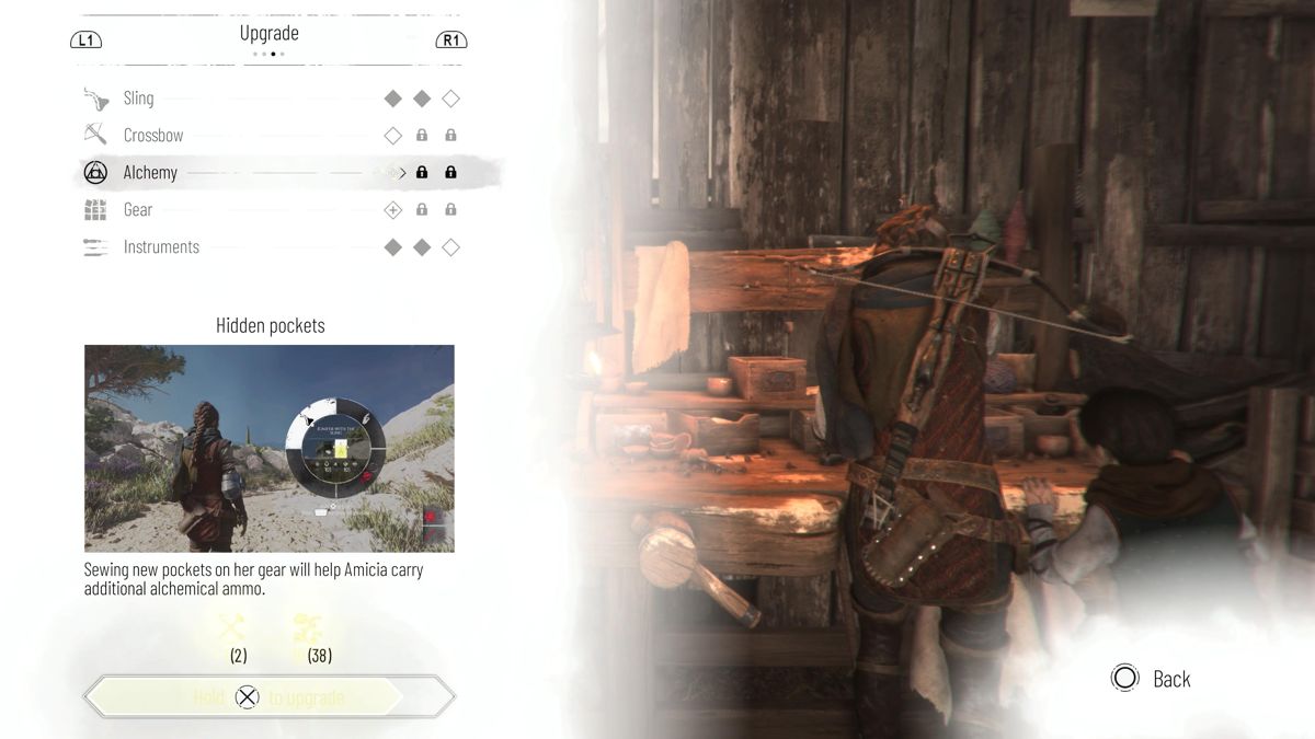 A Plague Tale: Requiem (PlayStation 5) screenshot: Upgrading weapons and gear at workbench