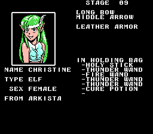 Arkista's Ring (NES) screenshot: Press select to see your character information