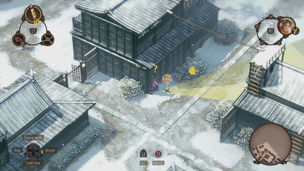 Shadow Tactics: Blades of the Shogun (PlayStation 4) screenshot: Using footprints in the snow to lure the enemy into the trap