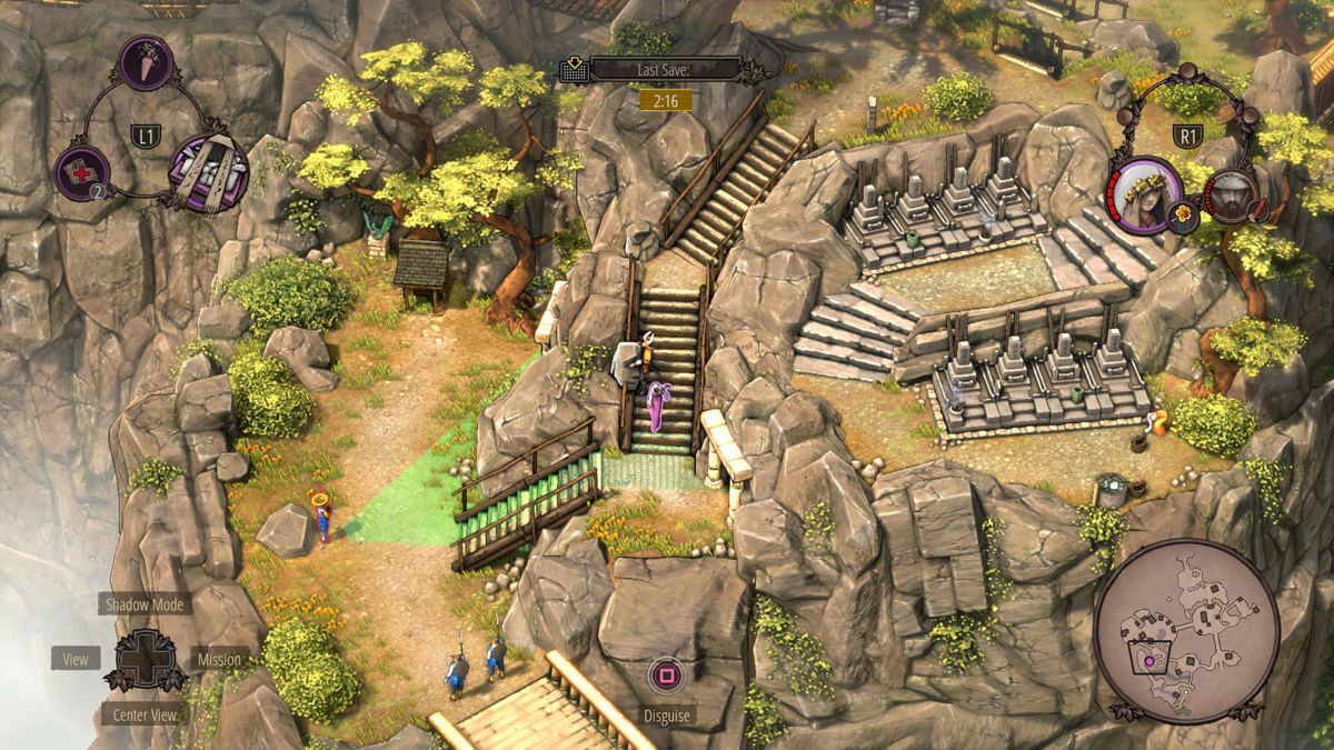 Shadow Tactics: Blades of the Shogun (PlayStation 4) screenshot: Mugen can throw big rocks onto enemy
