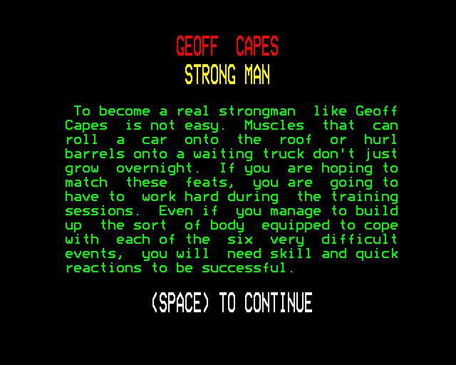 Geoff Capes Strongman (BBC Micro) screenshot: Instructions