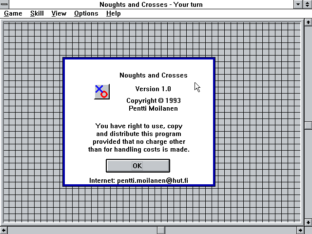 Noughts and Crosses (Windows 16-bit) screenshot: The "About" box (v1.0)