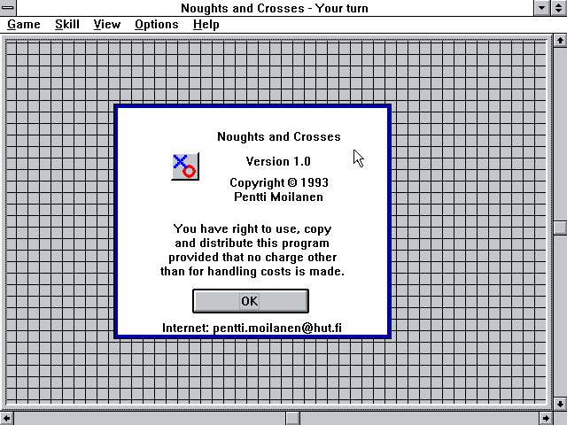 Noughts and Crosses (Windows 3.x) screenshot: The "About" box (v1.0)