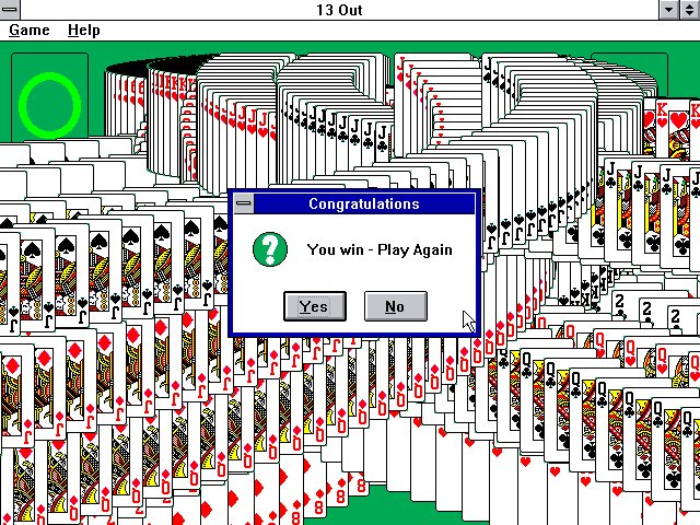 13 Out (Windows 3.x) screenshot: Win the game to see a spectacular animation