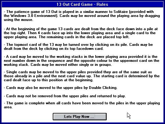 13 Out (Windows 3.x) screenshot: A description of the rules