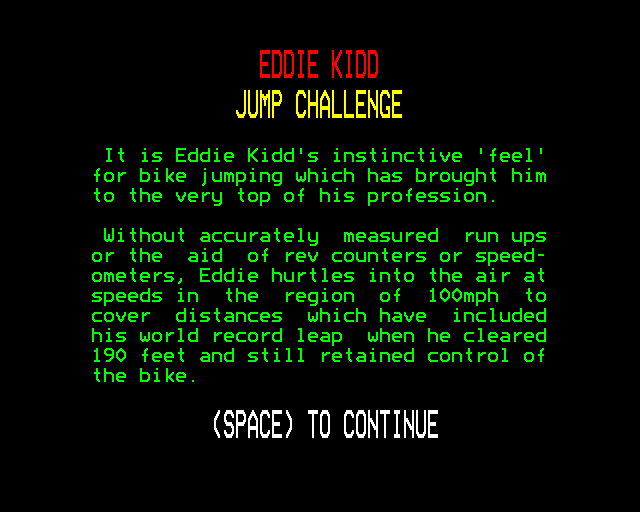 Eddie Kidd Jump Challenge (BBC Micro) screenshot: Instructions