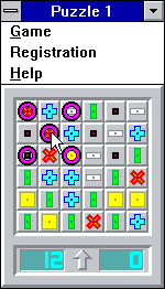 Puzzle 1 (Windows 3.x) screenshot: Hold the mouse button over a tile to see the pattern of its affected neighborhood