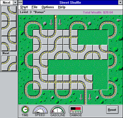 Street Shuffle (Windows 3.x) screenshot: Level 3 - Bonus. Here the rules are different: you assemble the road from given tiles, "Pipe Dream"-style