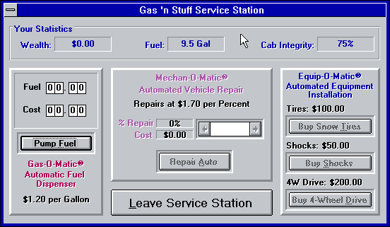 Street Shuffle (Windows 3.x) screenshot: Purchasing gas and equipment at the service station