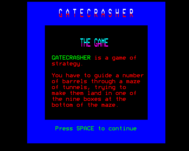 Gatecrasher (BBC Micro) screenshot: Instructions