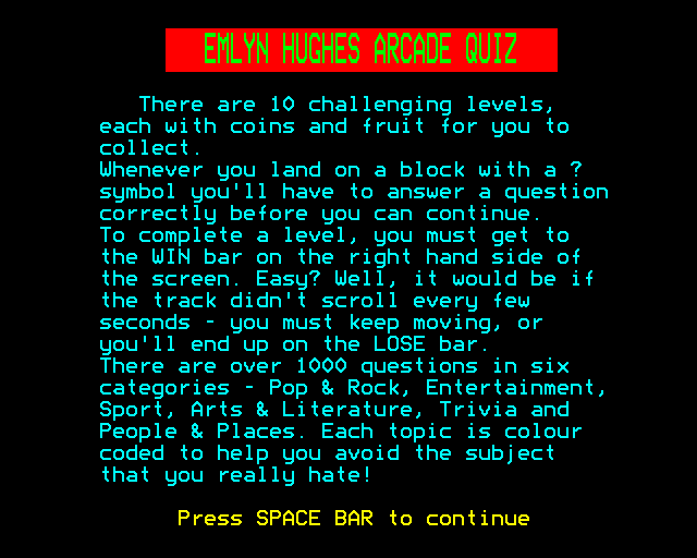 Emlyn Hughes Arcade Quiz (BBC Micro) screenshot: Instructions