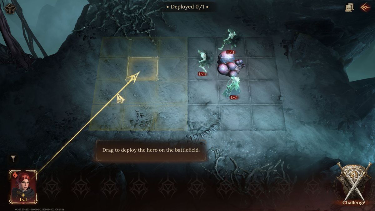 Dragonheir: Silent Gods (Windows) screenshot: Very early on I had to face my first battle, well this is probably a tutorial level after all. In order to fight I must place my character on the battlefield. The left pointing arrow in the upper right gives me the option to flee rather than fight