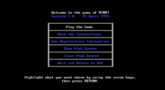 Mine! (DOS) screenshot: Main menu