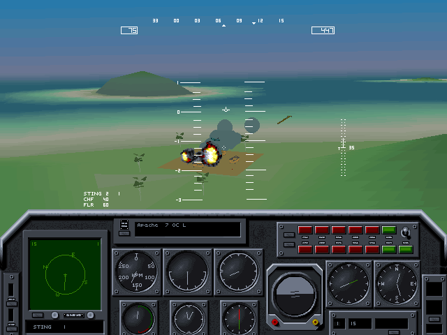 Ka-50 Hokum (DOS) screenshot: Attacking a possible pirate base (SVGA)
