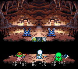 Daikaijū Monogatari II (SNES) screenshot: Battle Screen - kinda reminds me of Lufia