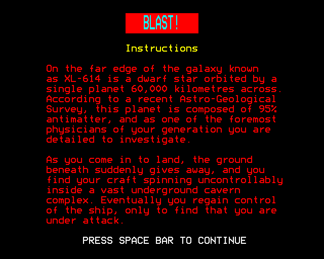 Blast! (BBC Micro) screenshot: Instructions