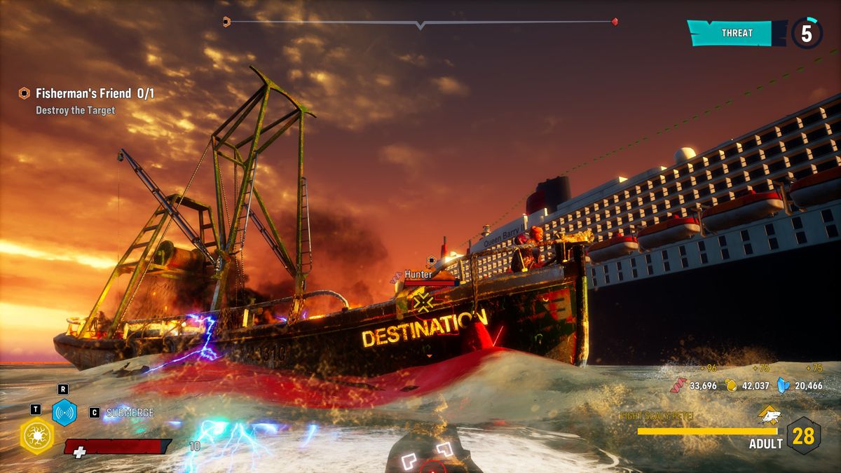 Maneater (Windows) screenshot: The ship is already burning due to my attacks.