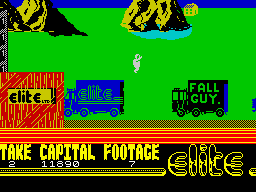 The Fall Guy (ZX Spectrum) screenshot: Level 5 and trucks and crazy sh... (hey!)