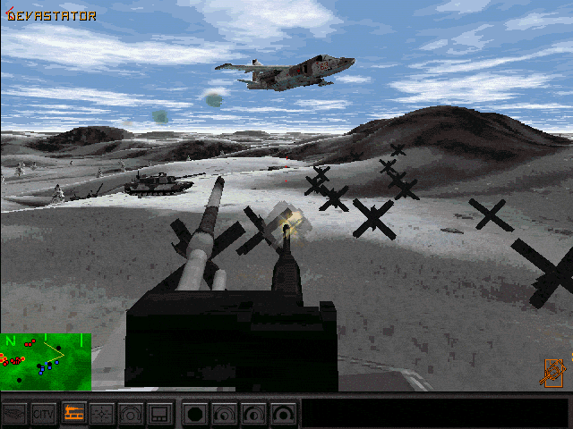 Armored Fist 2 (DOS) screenshot: Attempting to shoot down the SU-25 with my coax...