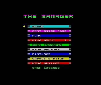 The Manager (ZX Spectrum) screenshot: Main menu