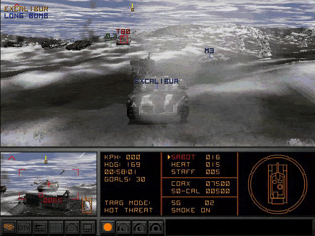 Armored Fist 2 (DOS) screenshot: "Gunner.: target, T-80, 11o'clock!"