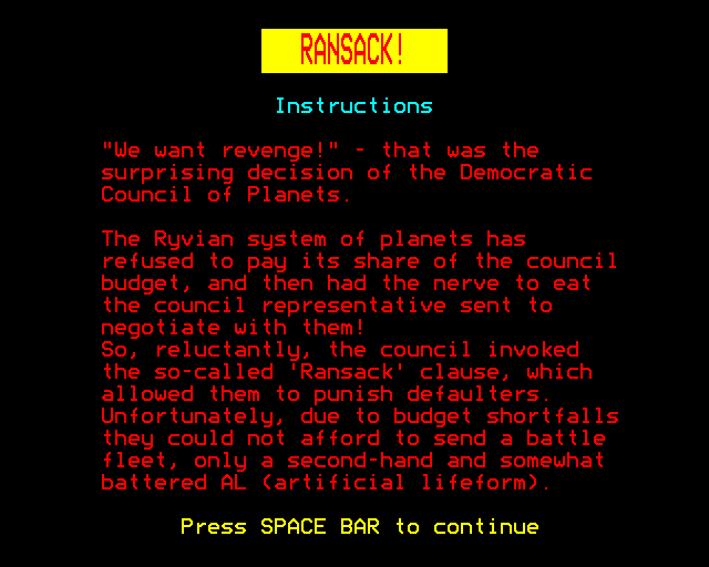 Ransack (BBC Micro) screenshot: Instructions