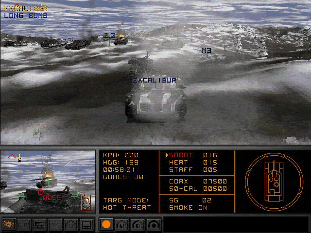 Armored Fist 2 (DOS) screenshot: The T-80 that almost gunned down the M3 APCs is now toast