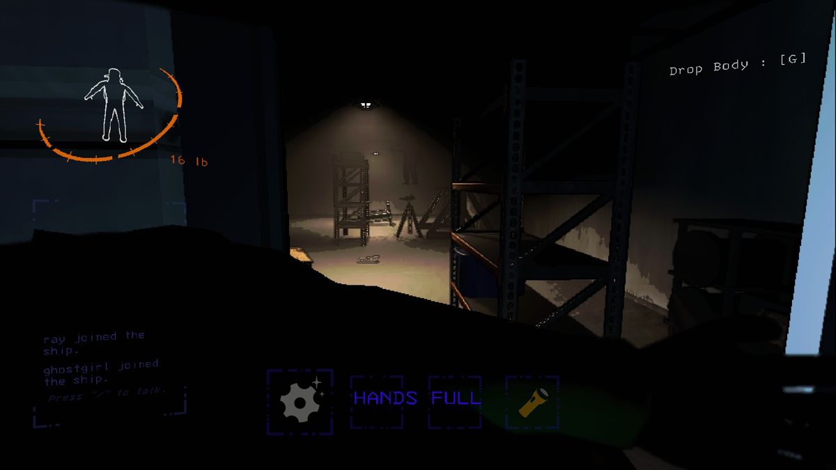 Lethal Company (Windows) screenshot: A player standing on a turret in the shadows.