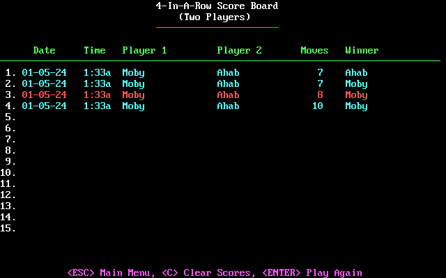 4-In-A-Row (DOS) screenshot: Two-player scoreboard