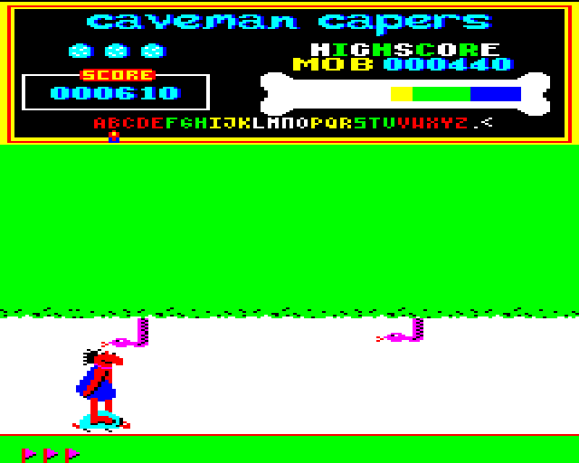 Caveman Capers (BBC Micro) screenshot: Ducking Snakes