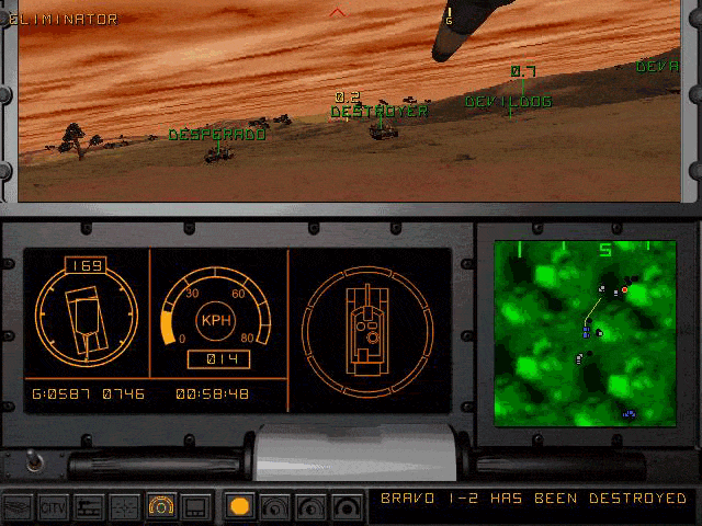 Armored Fist 2 (DOS) screenshot: Viewing the platoon from the driver's hatch.