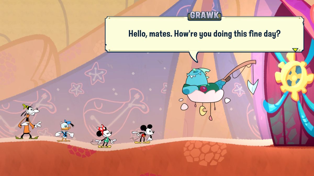 Disney Illusion Island (Nintendo Switch) screenshot: Grawk's a very optimistic chap isn't he?