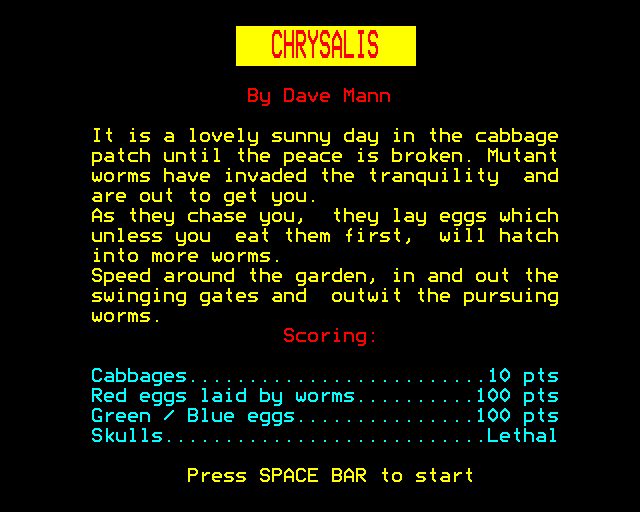 Chrysalis (BBC Micro) screenshot: Instructions