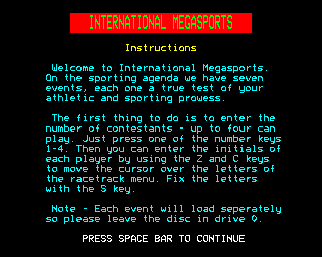 International Megasports / The Genesis Project (BBC Micro) screenshot: Instructions