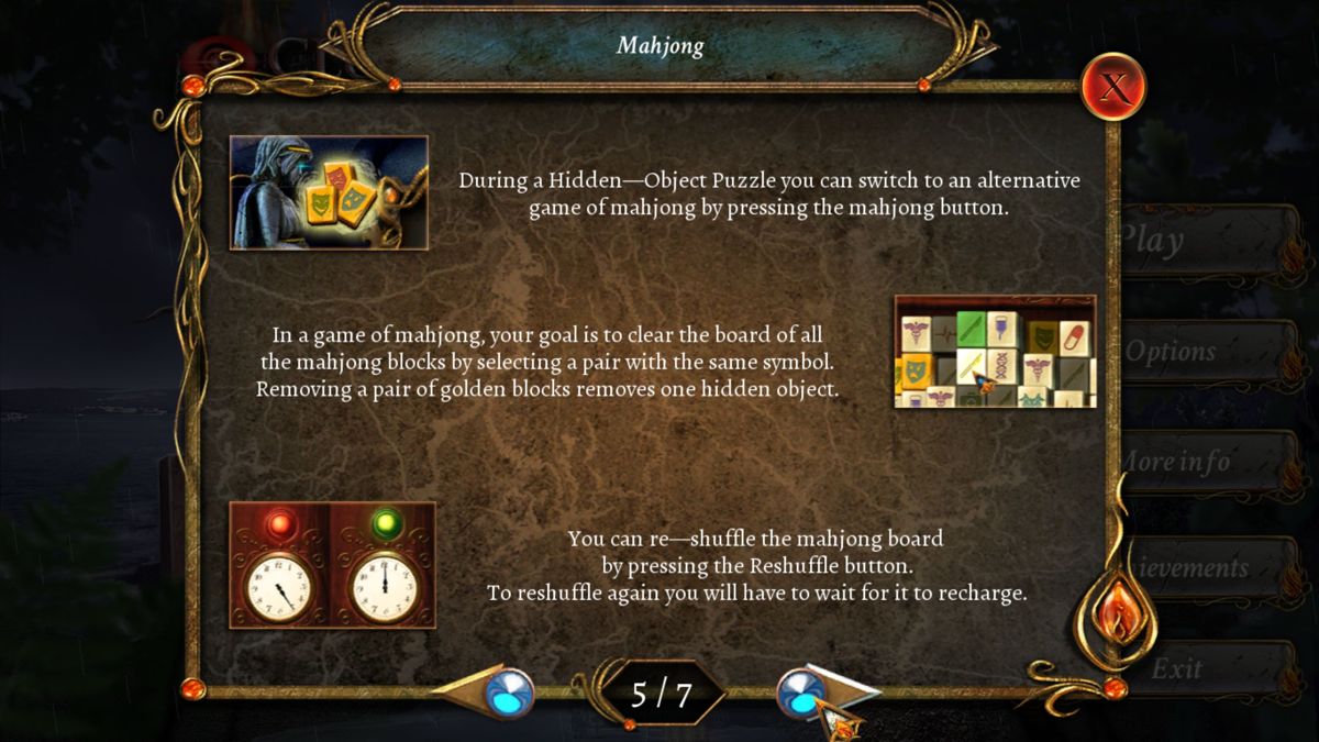 9 Clues 2: The Ward (Windows) screenshot: There are seven screens of help plus tutorial messages when the game starts. This screen explains that a mahjong game can be played as an alternative to solving a Hidden Object puzzle
