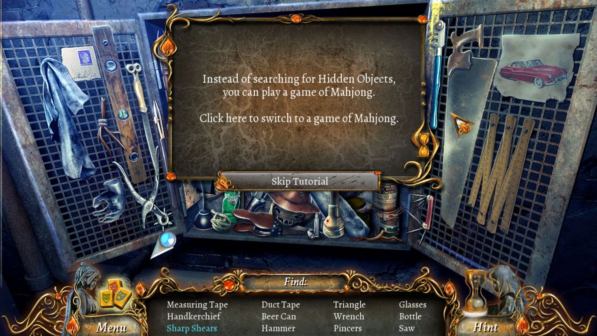 9 Clues 2: The Ward (Windows) screenshot: The first Hidden Object scene comes with the option to play mahjong instead