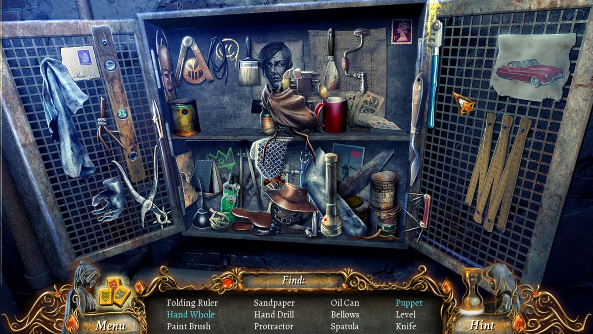 9 Clues 2: The Ward (Windows) screenshot: The first Hidden Object scene is typical of those that follow. All items in white text are hidden in plain sight. Those on blue require an additional action such as assembly, opening a bag or drawer, moving something aside etc