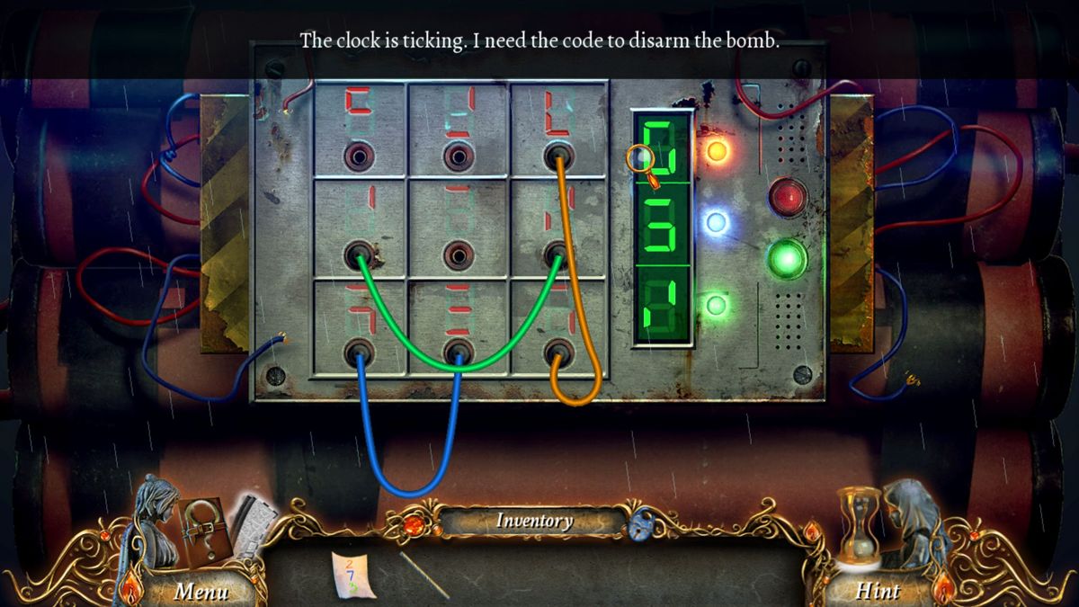 9 Clues 2: The Ward (Windows) screenshot: Disarming a bomb, luckily I have a code. Codes appear in the inventory on scraps of paper, they are not stored in the journal