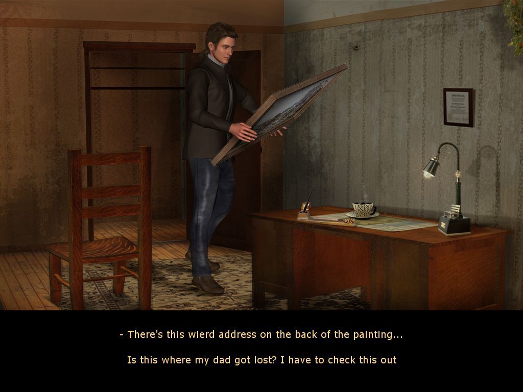 Aaron Crane: Paintings Come Alive (Windows) screenshot: The start of the game. The picture falls from the wall and Aaron finds a clue.