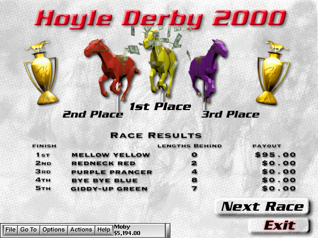 Hoyle Casino (Windows) screenshot: The horse I bet on actually won